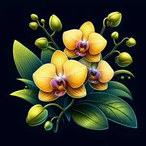 Yellow Phalaenopsis Orchids with Green Leaves on Black Background