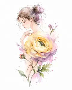 Watercolor Portrait of Woman with Large Yellow Flower and Pastel Floral Accents