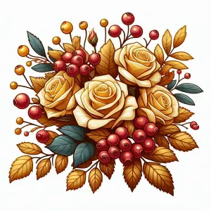 Autumn Bouquet with Yellow Roses and Red Berries Illustration