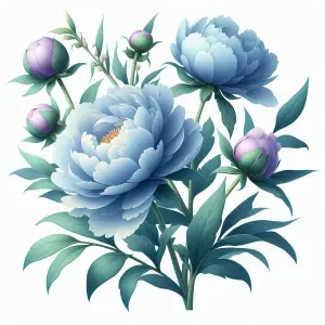 Detailed Illustration of Blue and Purple Peony Flowers with Green Leaves