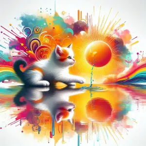 Colorful Artistic Cat with Reflective Sun and Rainbow Abstract