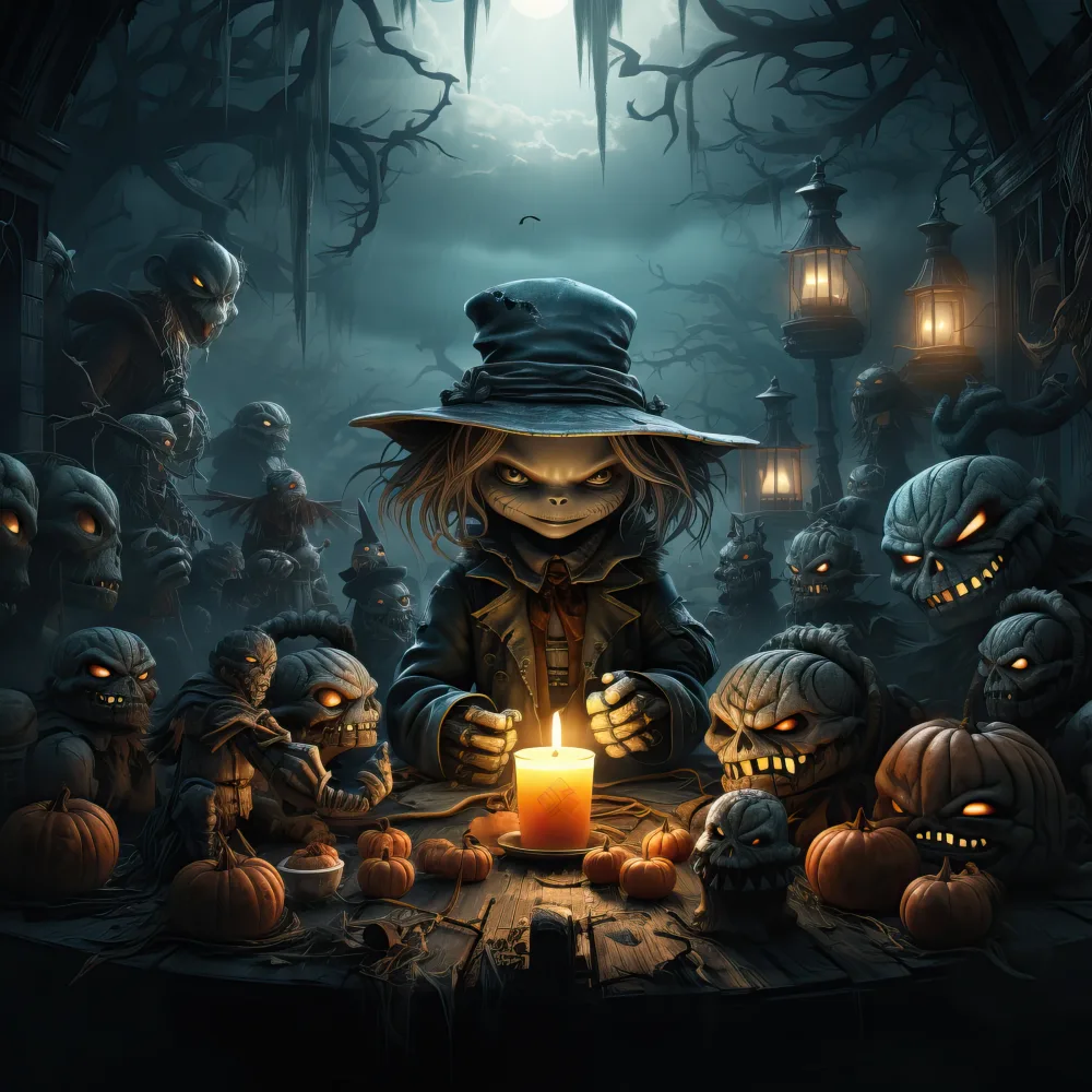 Creepy Halloween Scene with Pumpkin-Headed Figures Around Candle