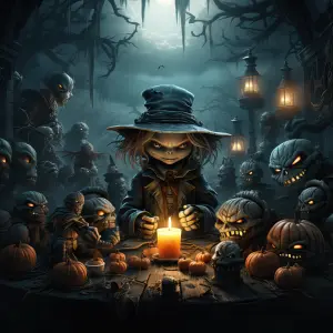 Creepy Halloween Scene with Pumpkin-Headed Figures Around Candle