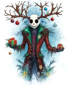 Surreal Christmas Reaper with Antlers and Gifts Illustration