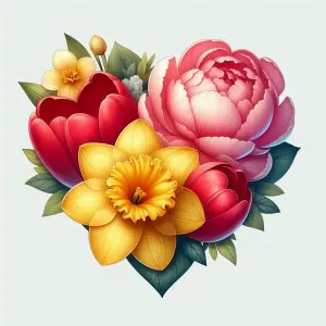 Heart-Shaped Bouquet of Red Tulips, Yellow Daffodil, and Pink Peony