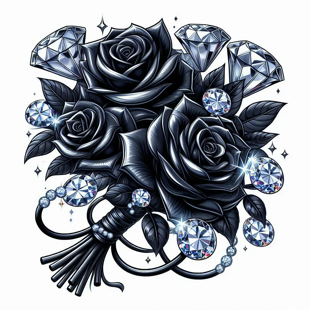Black Rose Bouquet with Shiny Diamonds Illustration