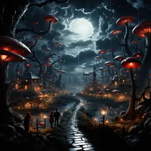 Fantasy Night Scene with Giant Glowing Mushrooms and Cobblestone Path