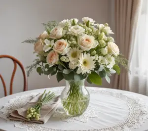 Elegant Bouquet of White and Cream Flowers in Glass Vase on Lace-Covered Table