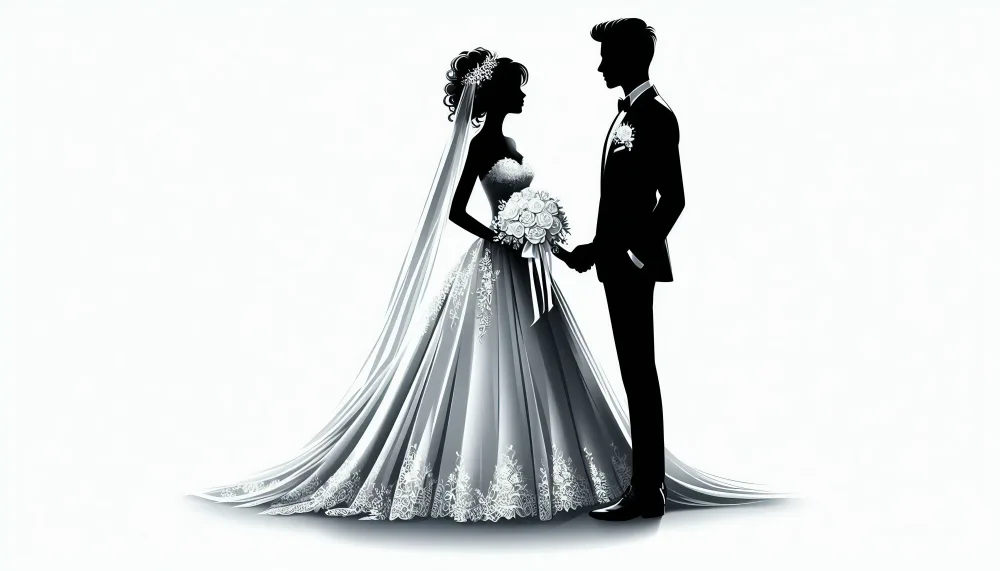 Silhouette of Bride and Groom Holding Hands in Wedding Attire