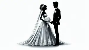 Silhouette of Bride and Groom Holding Hands in Wedding Attire