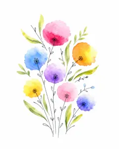Watercolor Bouquet of Colorful Round Flowers with Green Leaves