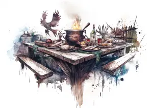 Rustic Feast on a Wooden Picnic Table with Flaming Cauldron and Bird in Flight