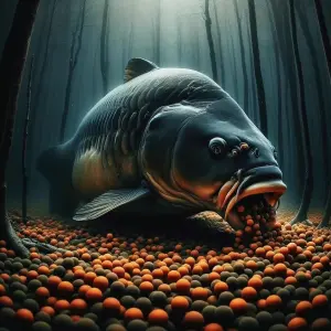 Large Carp Eating Orange and Brown Pellets in Dark Underwater Forest
