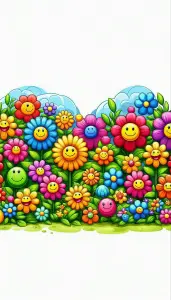 Colorful Cartoon Smiling Flowers with Green Leaves