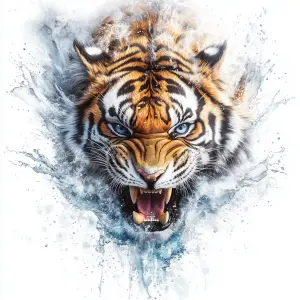 Fierce Tiger with Blue Eyes Emerging from Water Splash