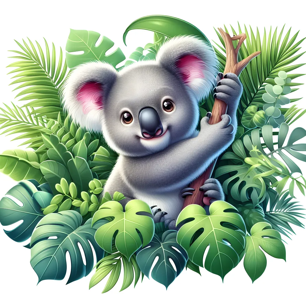 Cute Cartoon Koala Among Lush Tropical Leaves