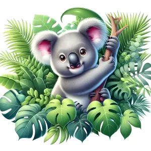 Cute Cartoon Koala Among Lush Tropical Leaves