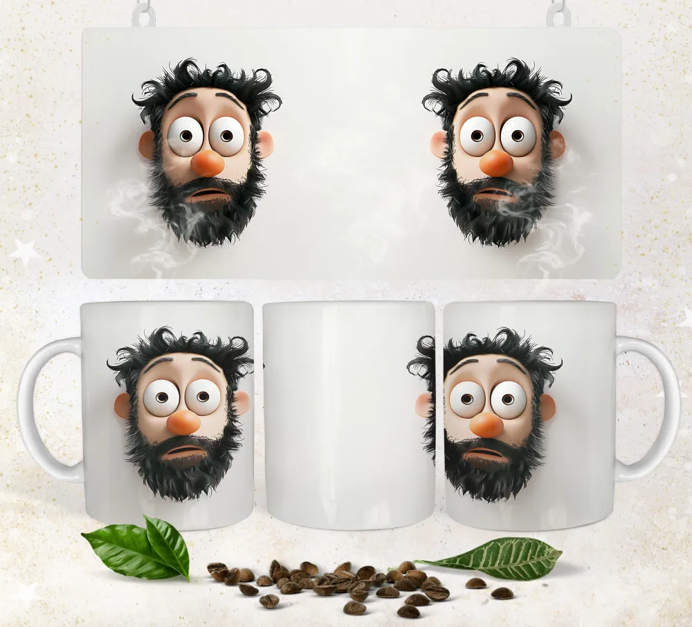 Cartoon Bearded Face Coffee Mug and Sign Mockup with Coffee Beans