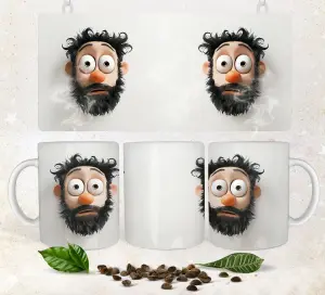 Cartoon Bearded Face Coffee Mug and Sign Mockup with Coffee Beans