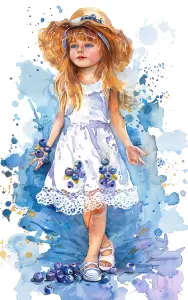 Watercolor Portrait of a Little Girl in Summer Dress with Blueberries