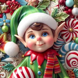 Smiling Christmas Elf Figurine with Candy Background