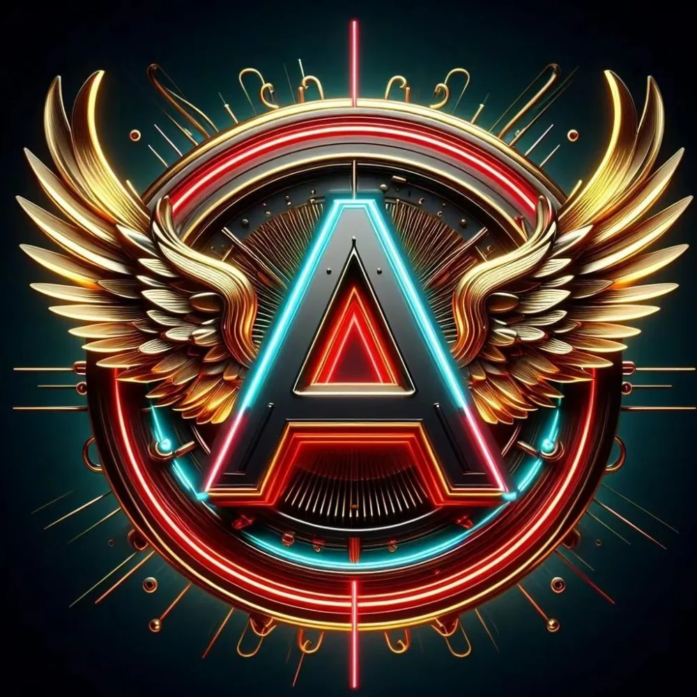 Neon Letter A with Golden Wings and Decorative Elements