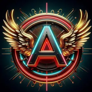 Neon Letter A with Golden Wings and Decorative Elements