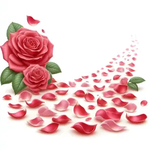 Red Roses with Scattered Rose Petals on White Background