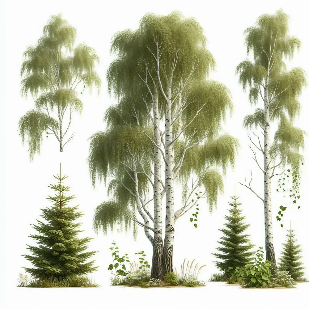 Detailed Birch and Spruce Trees with Green Foliage on White Background
