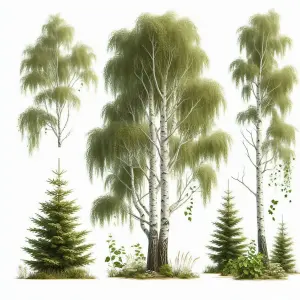Detailed Birch and Spruce Trees with Green Foliage on White Background