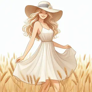 Young woman in white summer dress and wide-brimmed hat standing in wheat field