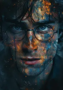Close-up Portrait of Man with Artistic Orange and Blue Paint Splashes