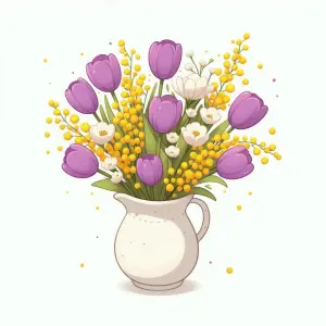 Bouquet of Purple Tulips and Yellow Mimosa in White Pitcher
