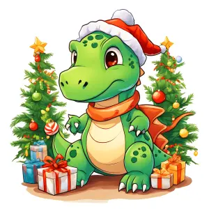 Cute Cartoon Dinosaur Wearing Santa Hat with Christmas Trees and Gifts