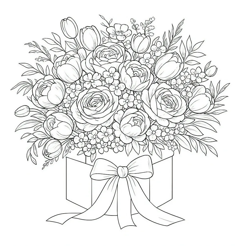Black and White Floral Bouquet with Ribbon in Box Coloring Page