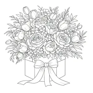 Black and White Floral Bouquet with Ribbon in Box Coloring Page