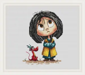 Cross-Stitch Artwork of Upset Girl and Cartoon Dragon