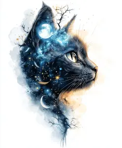 Mystical Cat Profile with Celestial and Night Sky Elements