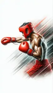 Male Boxer in Red Headgear and Gloves Throwing a Punch