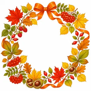 Autumn Wreath with Berries, Leaves, and Orange Ribbon