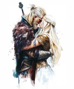 Fantasy Warrior Couple Embracing in Artistic Digital Painting