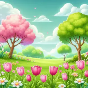Spring Landscape with Pink Tulips and Blossoming Trees