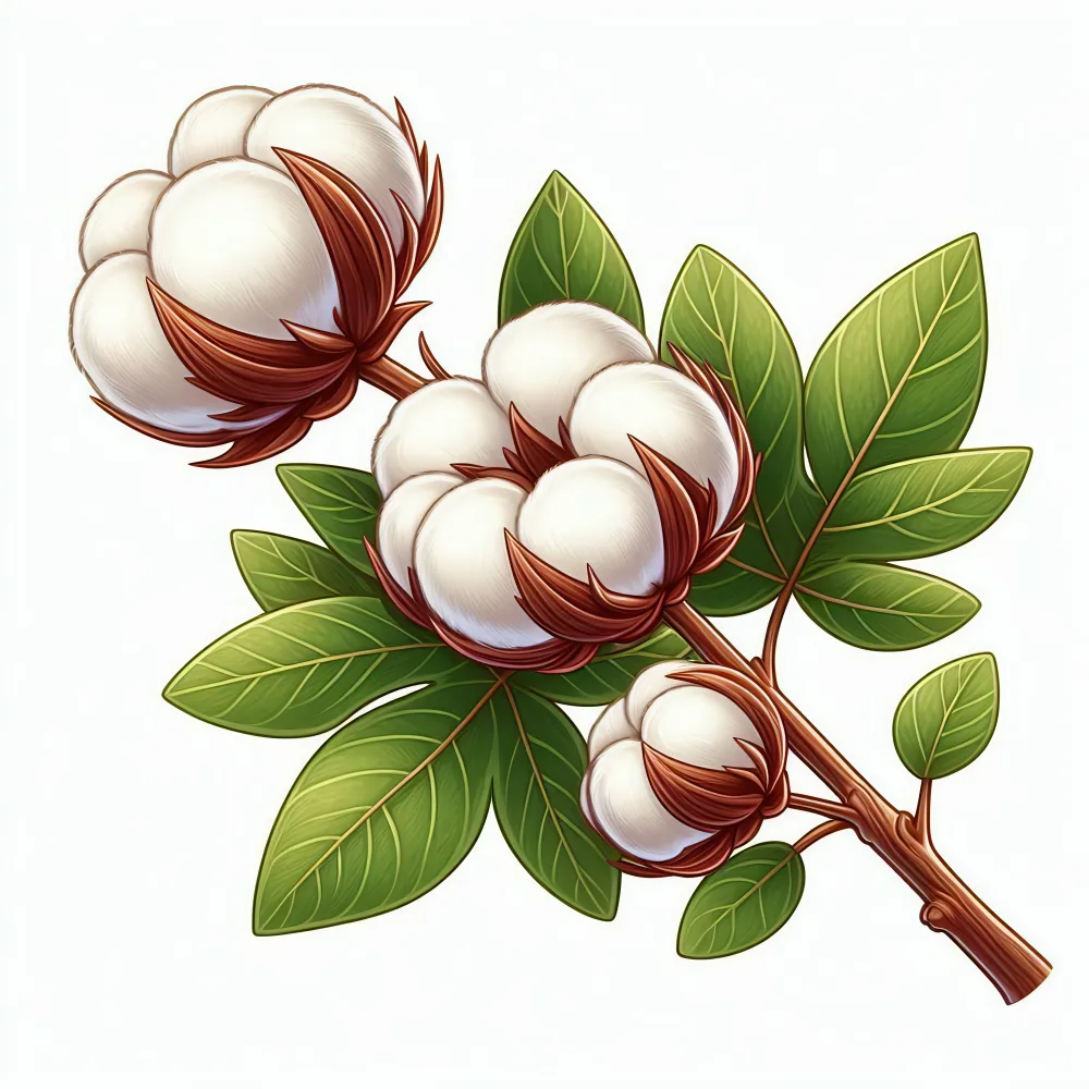 Close-up Illustration of Cotton Plant with Leaves