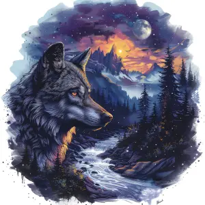 Mystical Wolf Overlooking a Twilight Mountain Stream