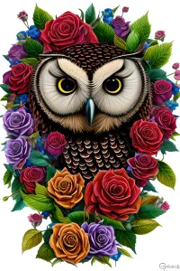 Detailed Owl Surrounded by Vibrant Roses and Leaves
