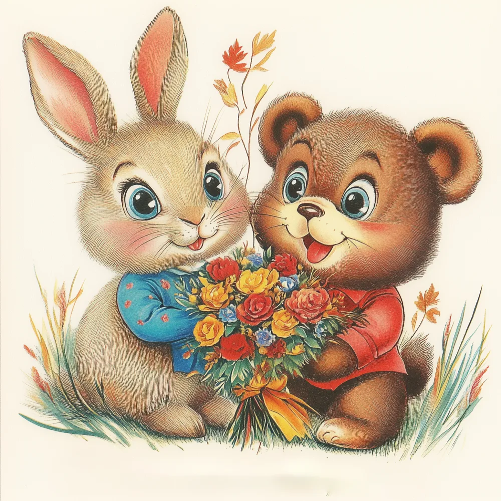 Cute Cartoon Bunny and Bear Holding a Colorful Flower Bouquet