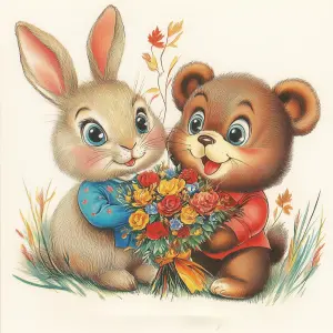 Cute Cartoon Bunny and Bear Holding a Colorful Flower Bouquet
