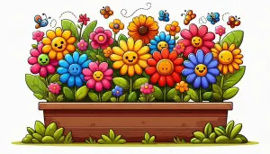 Colorful Cartoon Flowers with Smiling Faces in a Wooden Planter