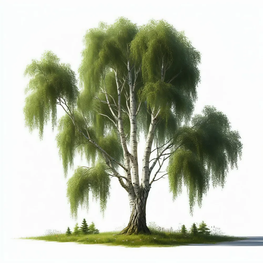 Green birch tree with hanging branches on a grassy patch
