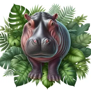 Realistic Hippopotamus Surrounded by Tropical Green Leaves